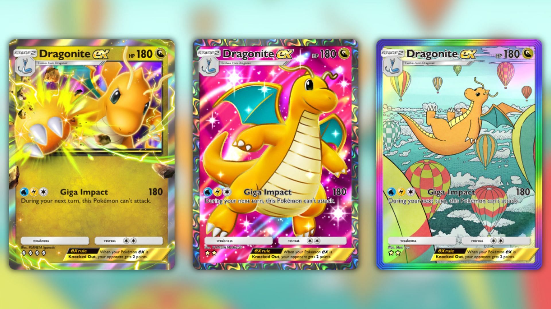 All Dragonite ex variants as seen in the game (Image via The Pokemon Company)